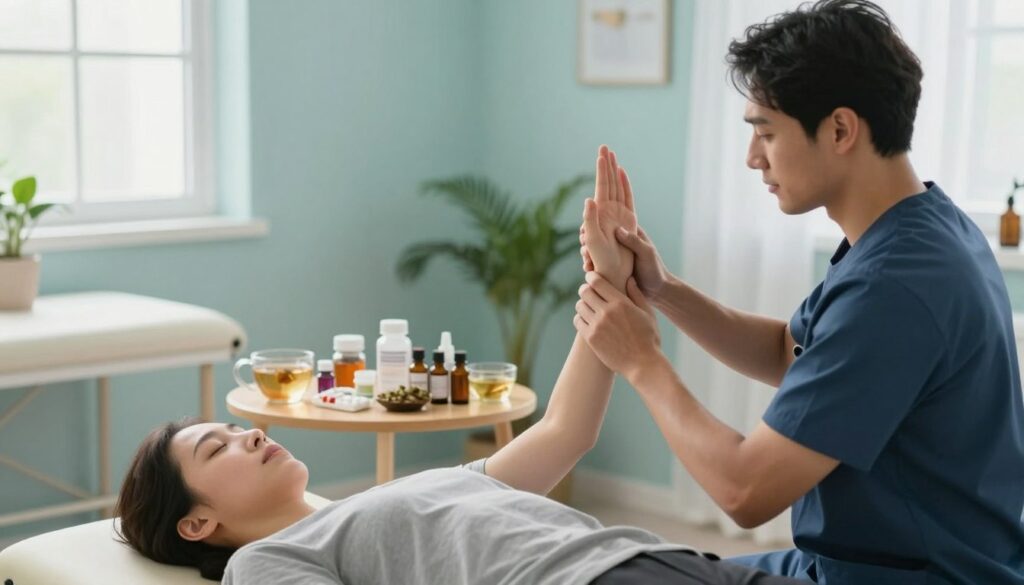 A serene and clinical scene illustrating pain management techniques. In the foreground, a professional therapist, dressed in smart casual attire, demonstrates gentle stretching exercises with a patient, who appears relaxed and focused. In the middle ground, a small table displays various over-the-counter pain relief medications and natural remedies, such as herbal teas and essential oils, artfully arranged to suggest their accessibility. The background features a softly lit therapy room with calming colors, such as soft blues and greens, enhancing the peaceful atmosphere. Natural light filters through a window, casting gentle shadows and creating an inviting mood. The overall ambiance feels supportive and reassuring, promoting a sense of healing and wellness.