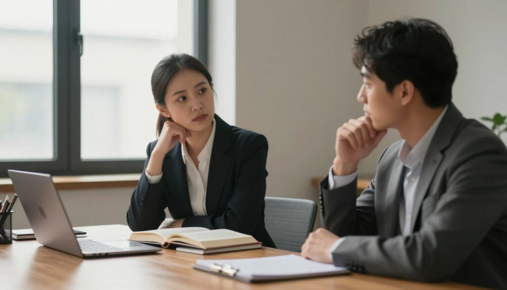 A serene and contemplative office setting depicting two professional individuals engaged in a deep discussion. In the foreground, a man and woman in smart business attire sit across from each other at a sleek wooden table, their expressions thoughtful and serious. The middle section features a stack of open books and notebooks, symbolizing their exploration of marital issues, while a laptop is visible, emphasizing the modern context of their conversation. In the background, a large window allows soft, natural light to filter in, casting gentle shadows across the room, creating a warm and reflective atmosphere. The overall mood is one of introspection, focusing on the complexities of marital relationships and trust, without any distractions or explicit elements. A serene and contemplative office setting depicting two professional individuals engaged in a deep discussion. In the foreground, a man and woman in smart business attire sit across from each other at a sleek wooden table, their expressions thoughtful and serious. The middle section features a stack of open books and notebooks, symbolizing their exploration of marital issues, while a laptop is visible, emphasizing the modern context of their conversation. In the background, a large window allows soft, natural light to filter in, casting gentle shadows across the room, creating a warm and reflective atmosphere. The overall mood is one of introspection, focusing on the complexities of marital relationships and trust, without any distractions or explicit elements.