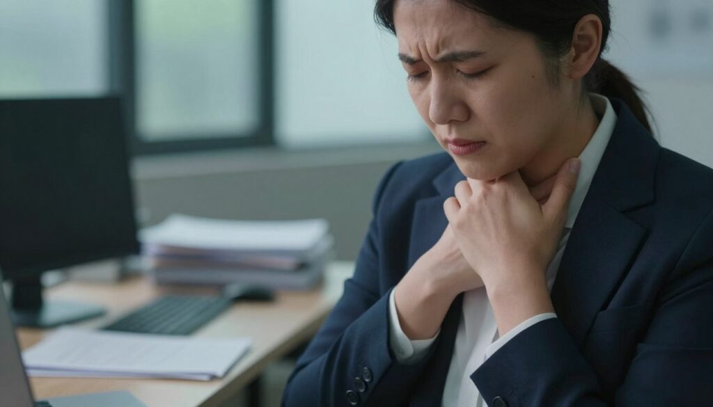 A serene and contemplative scene depicting a person with a pained expression clutching their neck, symbolizing thyroid pain related to stress. The foreground features a medium-close-up of a professional individual, dressed in conservative business attire, suggesting a sense of seriousness. In the middle ground, a soft-focus representation of a cluttered office environment, with scattered papers and a computer, indicating a stressful workplace atmosphere. The background fades into calming shades of blue and green, providing a contrasting sense of tranquility. Soft, natural lighting filters through a window, illuminating the person's face with a gentle glow, enhancing the mood of introspection. The overall composition conveys the tension between stress and health, emphasizing the connection without explicit imagery.