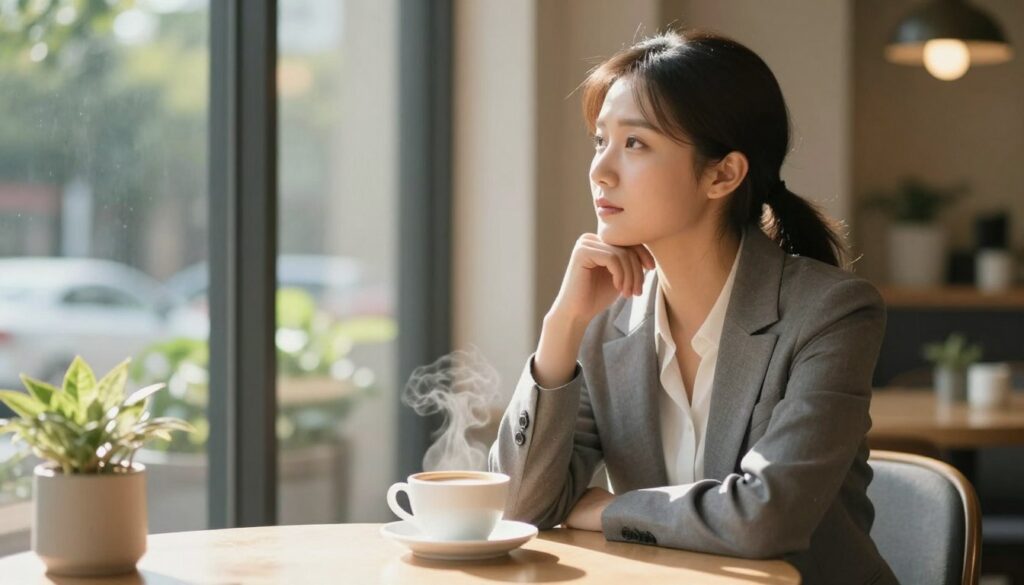 A serene and contemplative scene depicting a woman in professional business attire sitting at a beautiful, sunlit café table, her expression thoughtful as she gazes out of the window. In the foreground, a steaming cup of coffee rests beside her, symbolizing reflection and introspection. The middle ground shows soft, blurred greenery outside the window, evoking a sense of calm and a connection to nature. In the background, a warm and inviting interior with soft lighting creates an atmosphere of comfort and solace. The soft glow from the sunlight streaming through the window casts gentle shadows, highlighting the woman’s pensive mood. The image conveys a balance of peace and the emotional weight of making difficult decisions, centered on forgiveness and personal values.