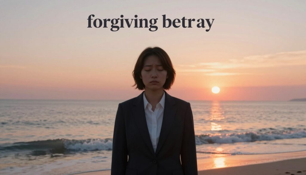 A serene and contemplative scene illustrating the theme of "forgiving betrayal." In the foreground, a thoughtful individual in professional business attire stands with closed eyes, facing a soft dawn light. Their expression reflects a mix of vulnerability and strength. In the middle ground, gentle waves lap against a tranquil shore, symbolizing emotional healing and the passage of time. The background features a vibrant sunrise over a calm ocean, casting warm hues of orange and pink across the sky, embodying hope and renewal. The overall mood is introspective and peaceful, inviting viewers to reflect on the process of moving past pain. The lighting is soft and warm, creating a soothing atmosphere that encourages reconciliation and inner peace.