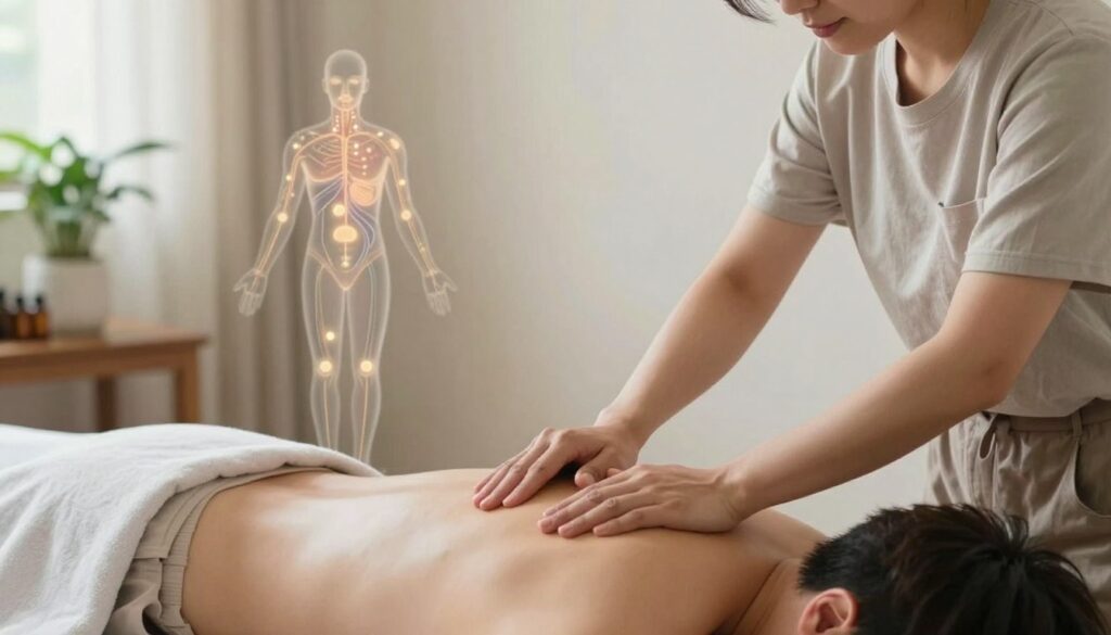 A serene and harmonious depiction of acupressure techniques illustrating the flow of energy in the human body. In the foreground, a professional therapist gently applying acupressure to a client’s shoulder, both wearing modest casual clothing. The therapist, focused and calm, uses their fingers to press on a specific acupressure point. In the middle ground, a translucent diagram overlays the client’s body, highlighting energy pathways and acupressure points in soft, glowing light. In the background, a tranquil room filled with soft natural lighting, plants, and essential oils, creating a calming atmosphere. The overall mood should be one of relaxation and healing, emphasizing the connection between acupressure and stress relief.