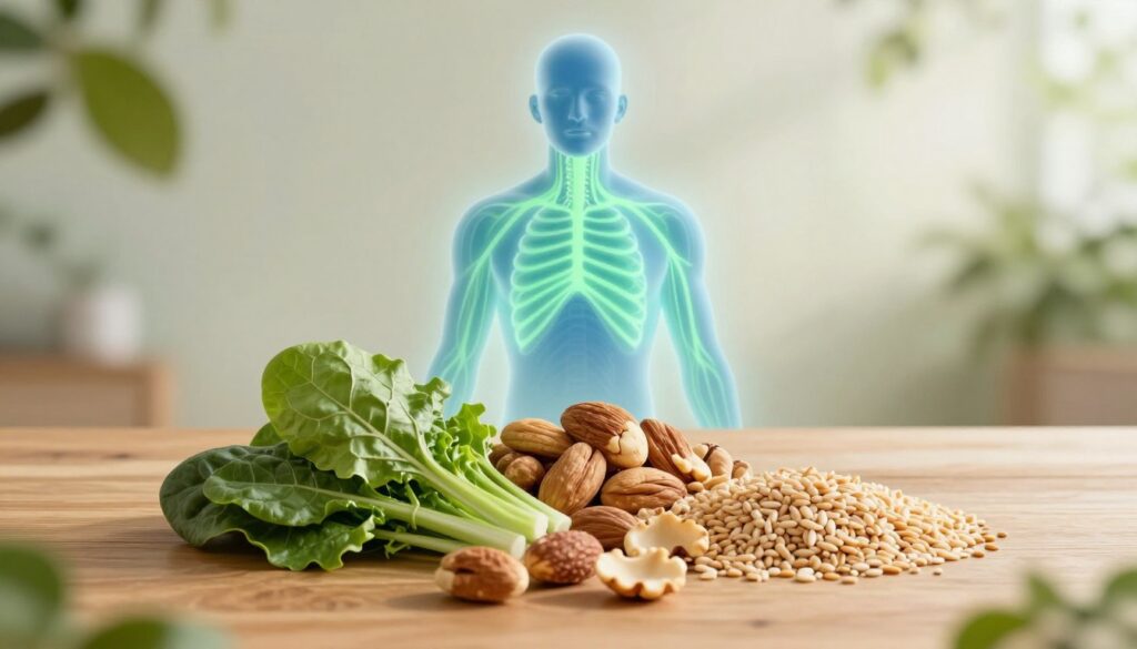 A serene and informative illustration focusing on magnesium's role in supporting the nervous system. In the foreground, a vibrant representation of magnesium-rich foods, such as leafy greens, nuts, and whole grains, arranged artistically on a wooden table. In the middle ground, a subtle depiction of a human silhouette with highlighted areas representing the nervous system, glowing gently in shades of blue and green to suggest calmness and balance. The background features soft, natural lighting filtering through leaves, creating a tranquil ambiance. The overall mood is peaceful and educational, inviting viewers to consider the importance of diet in managing stress and supporting mental health. The angle is slightly overhead to capture both the food and the silhouette effectively.