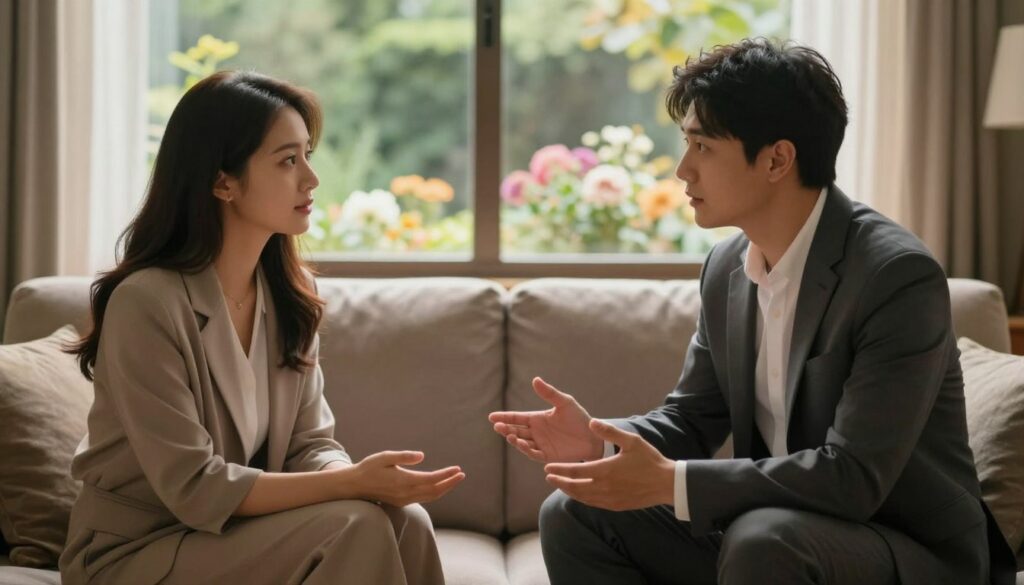 A serene and intimate scene depicting the process of rebuilding trust after betrayal. In the foreground, a couple sits together on a comfortable sofa, sharing a heartfelt conversation. They are dressed in professional business attire, symbolizing their commitment to growth and professionalism. The middle ground showcases soft, warm lighting that adds a sense of tranquility and hope to the atmosphere. In the background, a softly blurred window reveals a peaceful garden with blooming flowers, representing renewal and the potential for new beginnings. The angle captures a side view of the couple, emphasizing their body language—leaning slightly towards each other, with open gestures that invite closeness. The overall mood is reflective and hopeful, highlighting the journey towards restored intimacy through communication and understanding. A serene and intimate scene depicting the process of rebuilding trust after betrayal. In the foreground, a couple sits together on a comfortable sofa, sharing a heartfelt conversation. They are dressed in professional business attire, symbolizing their commitment to growth and professionalism. The middle ground showcases soft, warm lighting that adds a sense of tranquility and hope to the atmosphere. In the background, a softly blurred window reveals a peaceful garden with blooming flowers, representing renewal and the potential for new beginnings. The angle captures a side view of the couple, emphasizing their body language—leaning slightly towards each other, with open gestures that invite closeness. The overall mood is reflective and hopeful, highlighting the journey towards restored intimacy through communication and understanding.