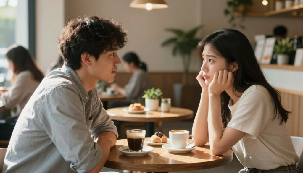 A serene and intimate setting depicting a couple in a cozy café. In the foreground, a couple is engaged in a deep conversation, both dressed in modest casual attire, conveying trust and openness. The man sits with a gentle expression, leaning forward slightly, while the woman listens intently, her brow slightly furrowed in thought. In the middle ground, a small table is adorned with a delicious coffee and pastries, symbolizing comfort and warmth. The background features a softly lit café atmosphere with blurred patrons, plants, and warm wood tones, evoking a sense of safety and intimacy. Natural sunlight streams through the window, casting soft shadows, enhancing the mood of connection and exploration in their relationship. A serene and intimate setting depicting a couple in a cozy café. In the foreground, a couple is engaged in a deep conversation, both dressed in modest casual attire, conveying trust and openness. The man sits with a gentle expression, leaning forward slightly, while the woman listens intently, her brow slightly furrowed in thought. In the middle ground, a small table is adorned with a delicious coffee and pastries, symbolizing comfort and warmth. The background features a softly lit café atmosphere with blurred patrons, plants, and warm wood tones, evoking a sense of safety and intimacy. Natural sunlight streams through the window, casting soft shadows, enhancing the mood of connection and exploration in their relationship.