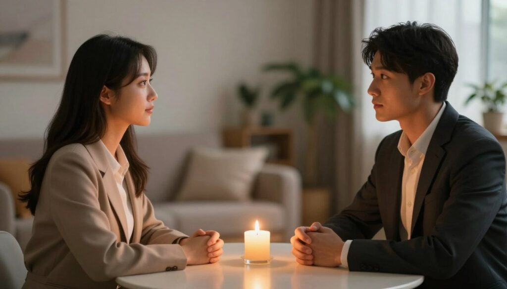 A serene and intimate setting that symbolizes readiness for rebuilding trust in a relationship. In the foreground, a couple sits across from each other at a small, round table, both dressed in professional business attire, conveying a sense of sincerity and commitment. They maintain eye contact, their expressions showing hope and determination. In the middle ground, a candle flickers softly, casting a warm, inviting glow that reflects the emotional warmth of their conversation. In the background, a blurred, cozy living room scene hints at a personal space, adorned with plants and soft lighting, fostering an atmosphere of openness and renewed connection. The overall mood is hopeful and reflective, emphasizing vulnerability and the willingness to move forward together. A serene and intimate setting that symbolizes readiness for rebuilding trust in a relationship. In the foreground, a couple sits across from each other at a small, round table, both dressed in professional business attire, conveying a sense of sincerity and commitment. They maintain eye contact, their expressions showing hope and determination. In the middle ground, a candle flickers softly, casting a warm, inviting glow that reflects the emotional warmth of their conversation. In the background, a blurred, cozy living room scene hints at a personal space, adorned with plants and soft lighting, fostering an atmosphere of openness and renewed connection. The overall mood is hopeful and reflective, emphasizing vulnerability and the willingness to move forward together.