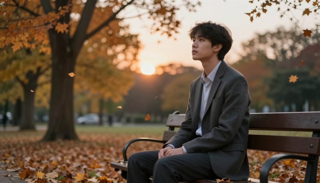 A serene and introspective scene depicting a young adult sitting alone on a park bench, surrounded by gently falling autumn leaves. In the foreground, the individual is wearing a modest, professional outfit, with a thoughtful expression, gazing into the distance. The middle ground features blurred trees with orange and yellow hues, symbolizing change and resilience. The background reveals a soft, glowing sunset, casting warm light across the scene, creating an atmosphere of calm and reflection. The composition is captured with a shallow depth of field, focusing on the subject while artfully blurring the surroundings to enhance the mood of contemplation and survival in the face of adversity.