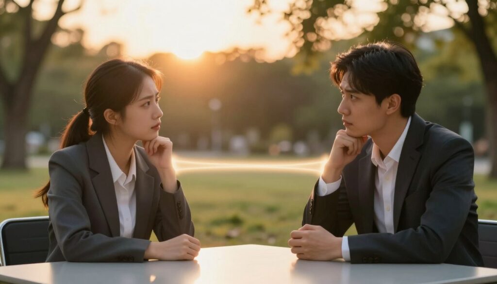A serene and introspective scene depicting the concept of "boundaries in a relationship." In the foreground, a couple sits at a table, both dressed in professional business attire, engaged in a thoughtful conversation. Their expressions reflect a mix of concern and understanding, with one person gesturing towards a symbolic boundary represented by a soft, ethereal light. In the middle ground, there is a gentle glow outlining the space between them, emphasizing a sense of personal space and boundaries. The background features a peaceful, softly blurred park with trees under a golden sunset, creating a warm and comforting atmosphere. The lighting is soft and warm, casting gentle shadows, while a slight depth of field focuses on the couple, inviting viewers to contemplate the importance of emotional boundaries after betrayal.