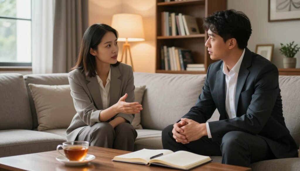 A serene and inviting living room setting that conveys a mood of calm and openness. In the foreground, a table with a cup of tea and an open notebook, symbolizing healthy communication. In the middle, a couple is engaged in a thoughtful conversation, dressed in professional business attire, showing body language that reflects trust and attentiveness. The woman is gestureing gently, while the man listens earnestly. In the background, a warm glow from a lamp softly illuminates the room, casting shadows that create depth. A bookshelf filled with inspiring books adds to the atmosphere of knowledge and understanding. Soft, natural light filters through a window, enhancing the cozy yet serious ambiance, representing the theme of reality checking without crossing boundaries.