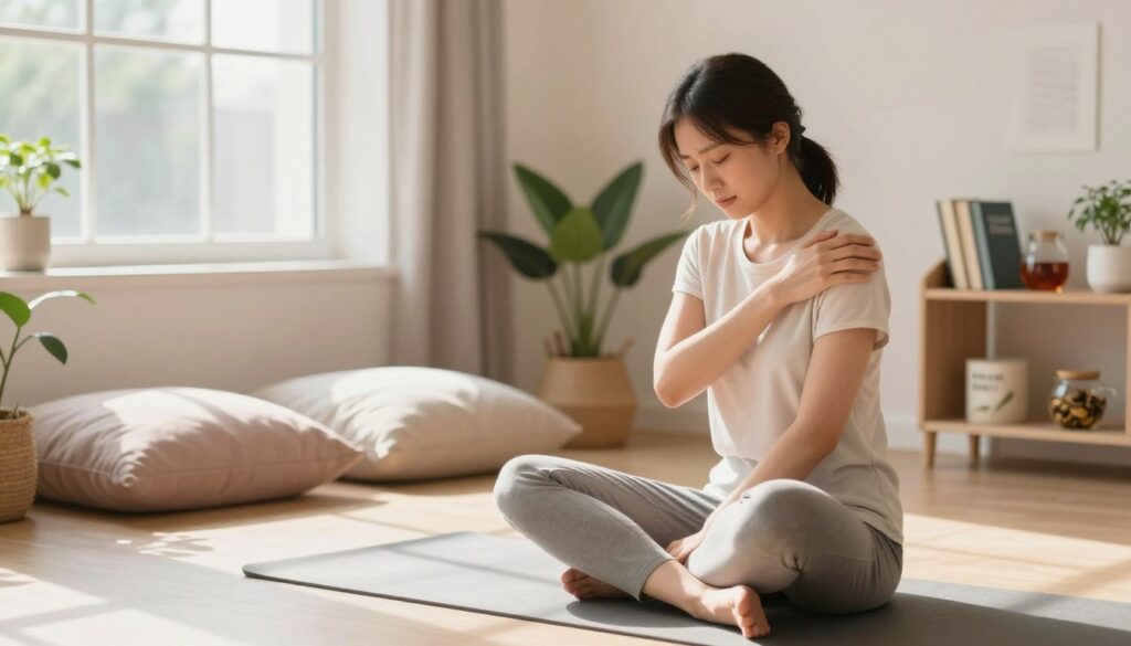 A serene and inviting therapy room focusing on stress relief for shoulder pain. In the foreground, a relaxed person in modest casual clothing practices deep breathing while sitting cross-legged on a yoga mat, embodying tranquility. In the middle, there are soft cushions and plants that promote a calming atmosphere. Natural light streams in through a large window, casting gentle shadows. The background features a soothing color palette with pastel hues. A small bookshelf holds wellness books and herbal teas, emphasizing a holistic approach to treatment. The overall mood is peaceful and supportive, highlighting everyday strategies for stress reduction to assist in shoulder pain recovery.