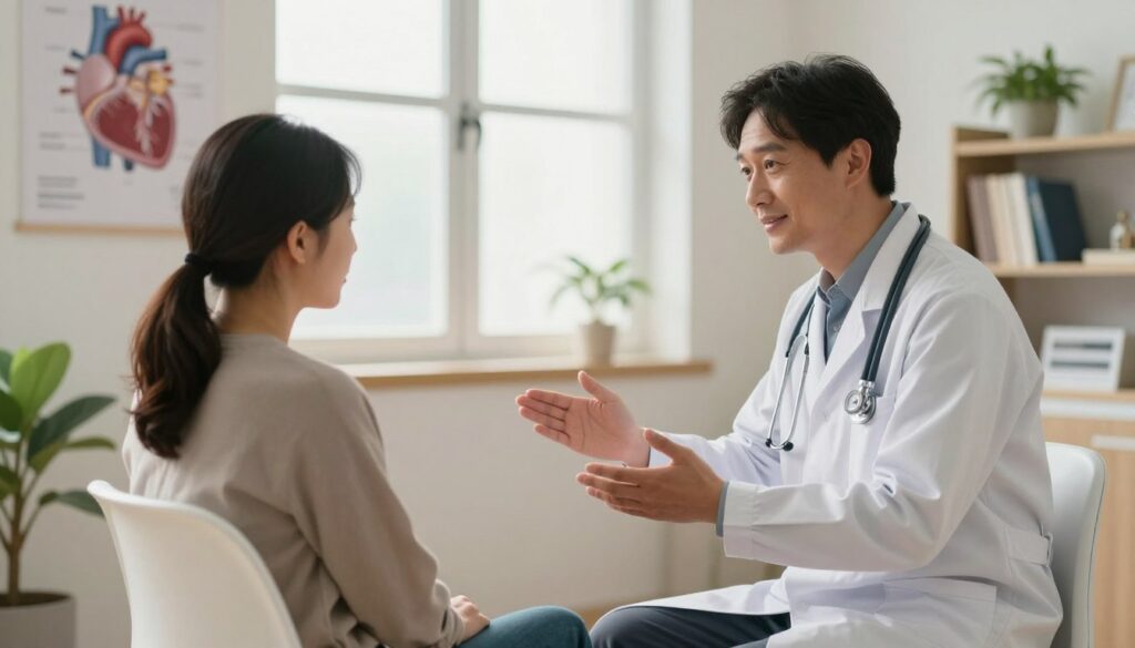 A serene and professional medical setting depicting the treatment of mitral valve insufficiency. In the foreground, a doctor in a white coat, with a stethoscope, attentively discussing treatment options with a patient seated in a comfortable chair, dressed in modest casual clothing. Soft, natural lighting filters through a window in the middle ground, creating a warm and hopeful atmosphere. On the walls, medical charts and diagrams illustrating the heart's anatomy. In the background, a shelf with medical books and a healthy plant, symbolizing growth and recovery. The angle is slightly elevated, providing a comprehensive view of the interaction and the environment, conveying a sense of care and professionalism, emphasizing the importance of addressing stress in the treatment process.