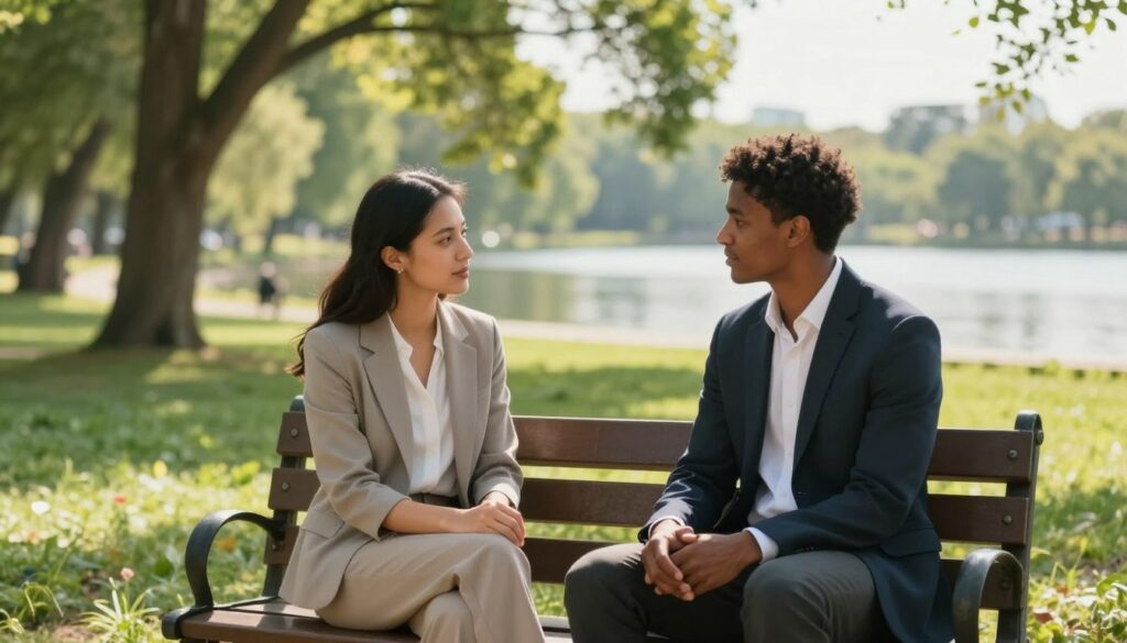 A serene and reflective scene depicting the concept of attachment theory in relationships. In the foreground, a diverse couple sits together on a park bench, dressed in professional business attire, sharing an intimate conversation that showcases trust and understanding. The middle ground features lush greenery and soft, diffused sunlight filtering through the trees, enhancing the peaceful atmosphere. In the background, a distant view of a tranquil lake embodies emotional needs being met. The lighting is warm and inviting, suggesting hope and healing. The image captures a sense of connection and emotional depth, inviting viewers to contemplate the intricacies of fidelity and attachment styles in relationships. The composition should be balanced, with a slight depth of field to draw focus on the couple while softly blurring the background. A serene and reflective scene depicting the concept of attachment theory in relationships. In the foreground, a diverse couple sits together on a park bench, dressed in professional business attire, sharing an intimate conversation that showcases trust and understanding. The middle ground features lush greenery and soft, diffused sunlight filtering through the trees, enhancing the peaceful atmosphere. In the background, a distant view of a tranquil lake embodies emotional needs being met. The lighting is warm and inviting, suggesting hope and healing. The image captures a sense of connection and emotional depth, inviting viewers to contemplate the intricacies of fidelity and attachment styles in relationships. The composition should be balanced, with a slight depth of field to draw focus on the couple while softly blurring the background.