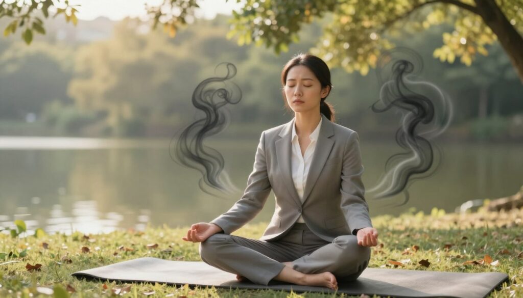 A serene and thoughtful scene depicting the effects of stress on the human body. In the foreground, a professional woman, dressed in modest business attire, sits cross-legged on a yoga mat, practicing mindfulness with her eyes closed, exuding tranquility and focus. The middle ground shows a subtle visualization of stress manifesting as dark, swirling energy around her, representing tension in the body, illustrated with soft, smoky lines. The background features a calm nature setting with gentle sunlight filtering through leaves and a peaceful body of water reflecting tranquility. Use soft, warm lighting to enhance the atmosphere of relaxation and inner peace, captured from a slightly elevated angle to emphasize the contrast between the woman’s calmness and the chaotic stress visualizations surrounding her.