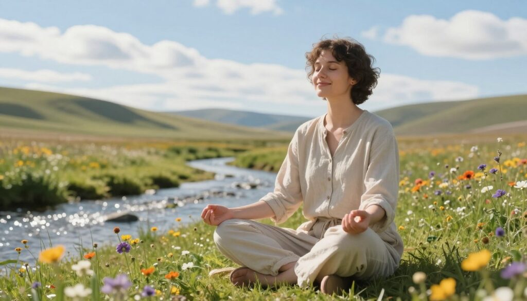 A serene and tranquil scene depicting a calm individual seated cross-legged in a peaceful environment. The person, dressed in a modest, light-colored casual outfit, embodies a state of relaxation and mindfulness, with a gentle smile and closed eyes, experiencing a moment of inner peace. In the foreground, soft, green grass and colorful, blooming wildflowers surround them. The middle ground features a softly flowing stream with glimmers of sunlight reflecting off the water, while the background reveals a serene landscape of gently rolling hills under a bright blue sky dotted with fluffy white clouds. The lighting is warm and natural, creating an inviting atmosphere that emphasizes calmness and serenity. The overall mood is soothing and restorative, capturing the essence of affirmations for stress relief and the connection between mind and body.