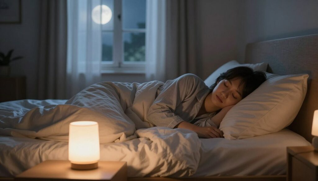 A serene bedroom scene at night, focusing on a cozy bed adorned with soft, inviting bedding, where a person in modest pajamas rests peacefully with eyes closed. In the foreground, a bedside table holds a glowing lamp emitting a warm, soft light, casting gentle shadows that create a calming atmosphere. In the middle ground, a window with sheer curtains allows moonlight to filter in, illuminating the room with a tranquil glow. In the background, a peaceful landscape is visible outside, hinting at a quiet night. The overall mood is relaxed and restorative, reflecting the fundamental importance of sleep for well-being. The composition is captured with a soft focus lens, emphasizing the comfort and tranquility of the sleeping environment, creating a feeling of safety and serenity.