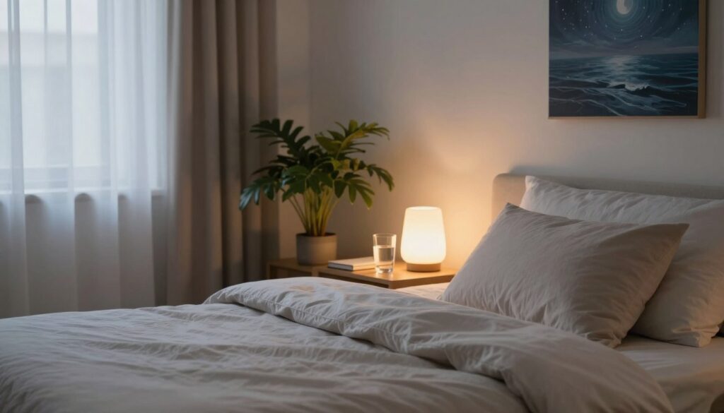 A serene bedroom scene that embodies sleep hygiene principles. In the foreground, a cozy, neatly made bed with soft, calming bedding in muted colors, complemented by a plush pillow. A bedside table holds a small, glowing lamp emitting warm, soft light, alongside a glass of water and a journal. In the middle ground, a gentle, lush indoor plant adds a touch of nature, while a calming wall art piece showcases peaceful imagery of night skies or gentle waves. The background features a window draped with light, sheer curtains, subtly letting in the first light of dawn. The atmosphere is tranquil and inviting, evoking a sense of relaxation and comfort. The lighting should be soft and natural, resembling early morning light, enhancing the peaceful mood of the scene. A serene bedroom scene that embodies sleep hygiene principles. In the foreground, a cozy, neatly made bed with soft, calming bedding in muted colors, complemented by a plush pillow. A bedside table holds a small, glowing lamp emitting warm, soft light, alongside a glass of water and a journal. In the middle ground, a gentle, lush indoor plant adds a touch of nature, while a calming wall art piece showcases peaceful imagery of night skies or gentle waves. The background features a window draped with light, sheer curtains, subtly letting in the first light of dawn. The atmosphere is tranquil and inviting, evoking a sense of relaxation and comfort. The lighting should be soft and natural, resembling early morning light, enhancing the peaceful mood of the scene.