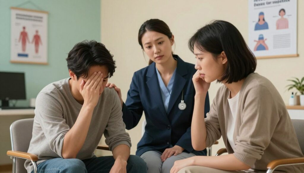 A serene but slightly tense medical office scene, illustrating a professional and comforting environment. In the foreground, a person in modest casual clothing, looking visibly stressed, sits in a consultation chair, expressing concern with their facial expression. The middle ground features a healthcare professional in professional business attire, gently offering support, with body language indicating empathy and attentiveness. The background showcases calming elements like soft lighting, soothing colors on the walls, and stress management posters that hint at the topic of stress signals. The overall atmosphere conveys a sense of urgency mixed with hope, encapsulating the theme of recognizing alarm signals in the body. Use warm, diffused lighting to enhance the comforting ambiance, creating a balanced view.