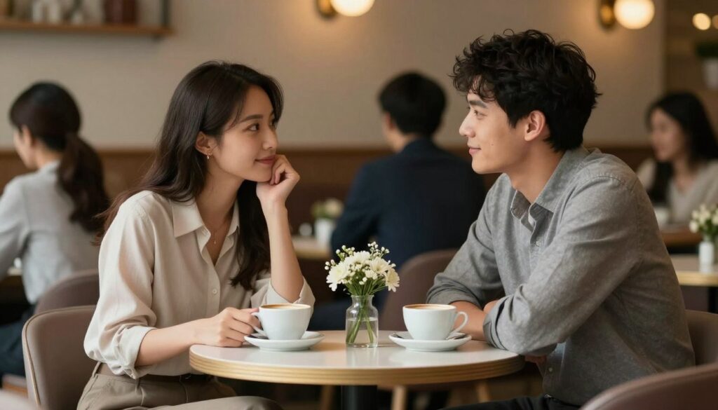 A serene café setting, capturing a delicate moment of interaction between two friends sitting at a table. In the foreground, a woman in modest, professional attire gazes thoughtfully at the man across from her, who is dressed casually yet tastefully. Their body language conveys warmth, accompanied by subtle hints of flirtation—soft smiles and lingering eye contact. The middle ground shows a cozy atmosphere, with soft lighting illuminating their faces, adorned with coffee cups and a small bouquet of flowers between them. In the background, suggestive silhouettes of other patrons create a lively ambiance without drawing focus. The color palette is warm and inviting, portraying a mix of friendship and emotional complexity, resonating with the themes of boundaries in relationships.