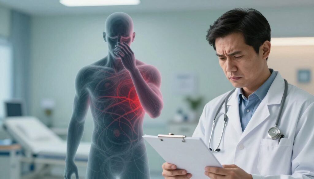 A serene, contemplative scene depicting the relationship between stress and cancer. In the foreground, a professional-looking oncologist in a white lab coat, holding a patient file, with a furrowed brow, indicating deep thought or concern. In the middle ground, a semi-transparent human silhouette, stressed, represented by an abstract design of swirling dark hues and tangled lines, symbolizing emotional turmoil. The background features a soft-focus hospital or clinic environment, with warm lighting to convey a sense of hope. The color palette should combine calming blues and greens with occasional sharp reds to symbolize stress. The overall mood is serious yet hopeful, illustrating the complexity of stress and its potential impact on health.