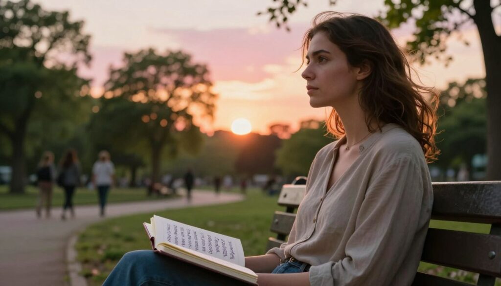 A serene, contemplative scene focused on a woman in her early 30s, seated on a park bench under the soft glow of golden hour sunlight. She is dressed in modest casual clothing, looking pensive yet calm, with a gentle breeze tousling her hair. In the foreground, a journal lies open on her lap, filled with handwritten affirmations about self-worth and resilience. The middle ground features lush green trees, symbolizing growth and renewal, while distant silhouettes of people walking contribute to a sense of community. In the background, a soft-focus sunset paints the sky with warm hues of orange and pink, creating a hopeful and empowering atmosphere. The image conveys a mood of introspection and strength, focusing on the journey to reclaim self-worth. A serene, contemplative scene focused on a woman in her early 30s, seated on a park bench under the soft glow of golden hour sunlight. She is dressed in modest casual clothing, looking pensive yet calm, with a gentle breeze tousling her hair. In the foreground, a journal lies open on her lap, filled with handwritten affirmations about self-worth and resilience. The middle ground features lush green trees, symbolizing growth and renewal, while distant silhouettes of people walking contribute to a sense of community. In the background, a soft-focus sunset paints the sky with warm hues of orange and pink, creating a hopeful and empowering atmosphere. The image conveys a mood of introspection and strength, focusing on the journey to reclaim self-worth.