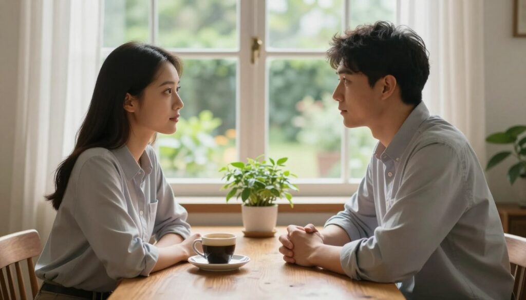 A serene couple sits at a wooden table in a softly lit, cozy room, focusing on each other's eyes, with open expressions reflecting sincerity and determination. The foreground features a warm cup of coffee between them, symbolizing connection, while the middle ground showcases delicate greenery, representing growth and healing. In the background, a window reveals a peaceful garden outside, hinting at new beginnings. The scene is bathed in soft, natural light filtering through sheer curtains, creating an inviting and hopeful atmosphere. The couple is dressed in smart casual attire, exuding professionalism and approachability. The overall mood is calm, reflective, and supportive, encapsulating the essence of rebuilding a relationship after betrayal. A serene couple sits at a wooden table in a softly lit, cozy room, focusing on each other's eyes, with open expressions reflecting sincerity and determination. The foreground features a warm cup of coffee between them, symbolizing connection, while the middle ground showcases delicate greenery, representing growth and healing. In the background, a window reveals a peaceful garden outside, hinting at new beginnings. The scene is bathed in soft, natural light filtering through sheer curtains, creating an inviting and hopeful atmosphere. The couple is dressed in smart casual attire, exuding professionalism and approachability. The overall mood is calm, reflective, and supportive, encapsulating the essence of rebuilding a relationship after betrayal.