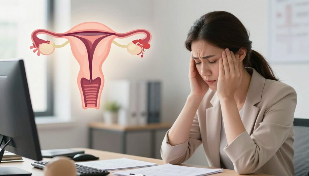 A serene, detailed illustration depicting the connection between stress and hormonal balance, specifically focusing on prolactin's role in menstruation. In the foreground, a close-up of a thoughtful woman in professional attire, with a calm expression, sitting at a desk cluttered with notes and a stress ball. In the middle ground, medical illustrations of hormonal pathways and the female reproductive system, softly illuminated to maintain a scientific yet approachable vibe. The background features a blurred office setting, hinting at daily life challenges. Soft, natural lighting creates a tranquil atmosphere conducive to reflection, while maintaining an informative tone. The overall image should evoke a sense of understanding and introspection related to stress and menstrual health.