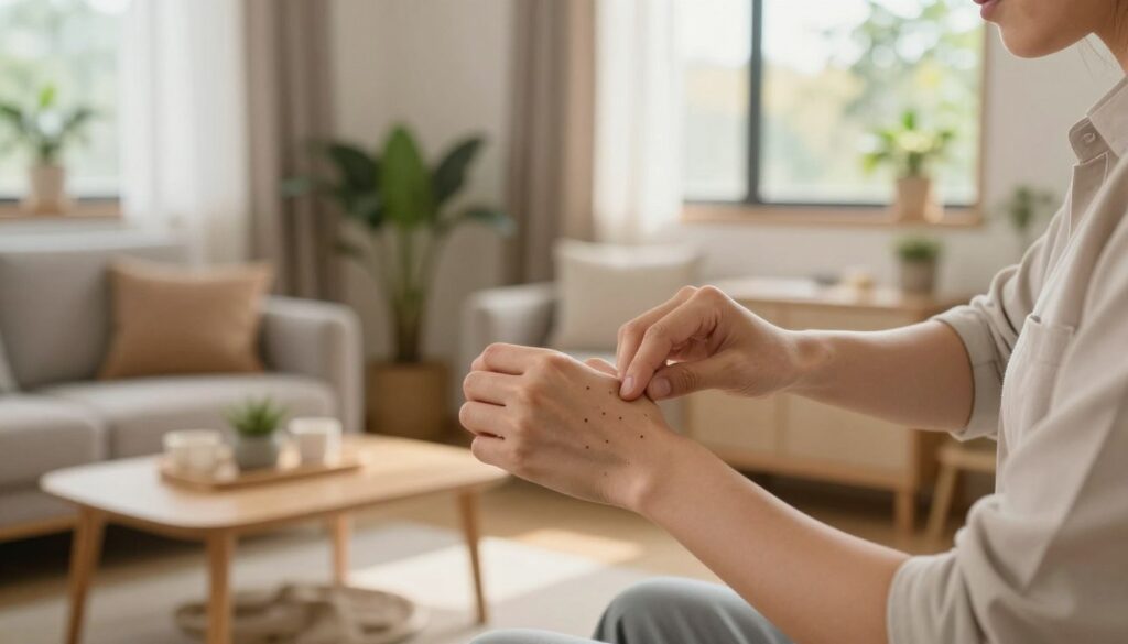 A serene home environment showcasing a person in professional casual attire demonstrating safe acupressure techniques. In the foreground, a close-up view of their hands applying gentle pressure to specific acupressure points on their own wrist, emphasizing the technique's precision and care. The middle ground includes a well-organized, light-filled living room with soft, warm lighting, featuring natural elements like plants and cozy furniture that enhances the calming atmosphere. In the background, a peaceful window view with soft curtains allows gentle sunlight to filter through, creating a soothing ambiance. The mood is tranquil and informative, conveying a sense of safety and comfort in practicing self-care at home. The composition should feel balanced and inviting, encouraging viewers to explore acupressure safely.