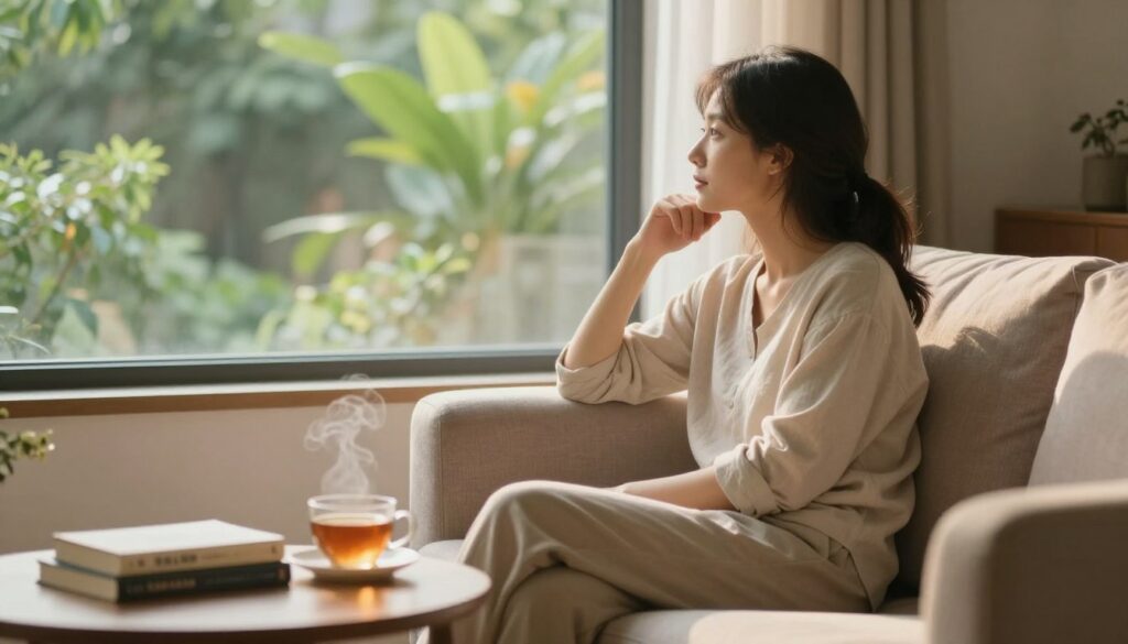 A serene indoor scene capturing a woman sitting comfortably on a plush sofa, gazing thoughtfully out of a large window. She is dressed in modest, casual clothing, embodying a sense of contemplation and introspection. Surrounding her are soft, warm light and gentle shadows, creating a calm atmosphere. On a nearby coffee table, there are self-help books and a steaming cup of tea, suggesting a journey towards peace of mind. In the background, lush greenery can be seen through the window, symbolizing growth and renewal. The image should evoke feelings of tranquility and reflection, highlighting the theme of overcoming intrusive thoughts in a soft, inviting setting. Use a soft focus lens with a warm color palette to enhance the mood.