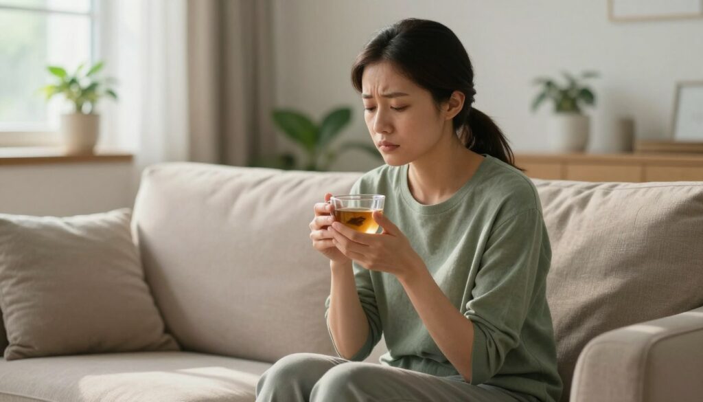 A serene indoor setting depicting a woman in her late 20s, sitting thoughtfully on a cozy, comfortable sofa. She is dressed in modest casual clothing, looking slightly pensive while holding a cup of herbal tea. Soft, warm lighting fills the room, creating a calming atmosphere, with gentle shadows accentuating her features. In the background, a window allows soft natural light to spill in, and a few indoor plants add a touch of nature. The color palette includes soothing shades of green and beige, reflecting a tranquil mood. The scene captures the essence of reflection and the emotional impact of stress on menstrual health, emphasizing the connection between mental well-being and physiological responses.