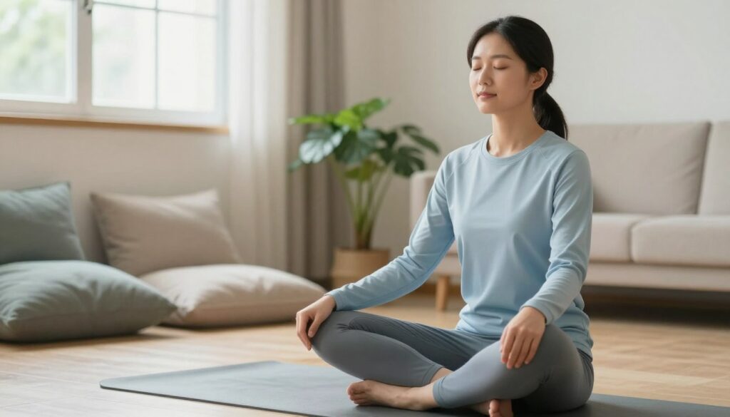 A serene indoor setting featuring a peaceful individual practicing deep breathing exercises to alleviate stress. The foreground showcases the person, a young adult in smart-casual attire, sitting cross-legged on a yoga mat, eyes closed, embodying a tranquil expression. The middle ground includes soft cushions and a small indoor plant, enhancing the calming atmosphere. In the background, a softly lit window casts gentle natural light across the room, creating a warm and inviting ambiance. The color palette consists of soft, muted tones like light blues and greens, promoting relaxation. The composition evokes a sense of calmness and focus, perfect for illustrating stress-relief techniques through mindful breathing.