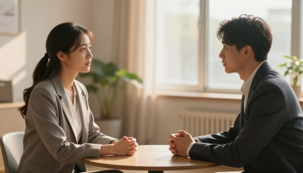 A serene indoor setting symbolizing forgiveness and rebuilding trust. In the foreground, a diverse couple, dressed in professional business attire, sit across from each other at a small table, engaged in a heartfelt conversation. Their expressions show a mix of vulnerability and hope. In the middle ground, a warm, softly lit room with gentle shadows creates a calming atmosphere, with a hint of greenery from a potted plant, symbolizing growth and renewal. The background features a large window with soft, diffused sunlight streaming in, casting a gentle glow that enhances the sense of warmth and intimacy. The overall mood is one of reconciliation, understanding, and the journey towards healing, inviting the viewers to feel a sense of peace and possibility.