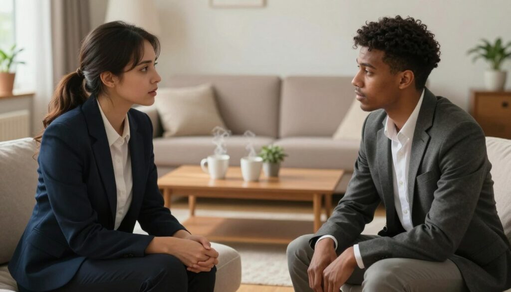 A serene, intimate setting illustrating the theme of relationship repair after betrayal. In the foreground, a diverse couple sits together on a comfortable couch, facing each other with open expressions, dressed in professional business attire that conveys trust and respect. The middle ground features a warm, inviting living room with soft lighting, a coffee table with two steaming mugs, symbolizing communication and connection. In the background, subtle hints of nature peeking through a window illuminate the space, creating a hopeful atmosphere. The overall mood should evoke a sense of healing, dialogue, and understanding, capturing the essence of new beginnings in a challenging journey. The focus is on their facial expressions and body language, conveying empathy and willingness to mend the relationship. A serene, intimate setting illustrating the theme of relationship repair after betrayal. In the foreground, a diverse couple sits together on a comfortable couch, facing each other with open expressions, dressed in professional business attire that conveys trust and respect. The middle ground features a warm, inviting living room with soft lighting, a coffee table with two steaming mugs, symbolizing communication and connection. In the background, subtle hints of nature peeking through a window illuminate the space, creating a hopeful atmosphere. The overall mood should evoke a sense of healing, dialogue, and understanding, capturing the essence of new beginnings in a challenging journey. The focus is on their facial expressions and body language, conveying empathy and willingness to mend the relationship.