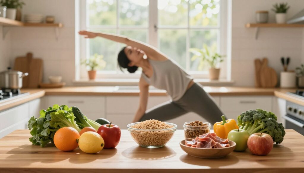 A serene kitchen scene showcasing a balanced lifestyle, emphasizing diet and active living. In the foreground, a beautifully arranged table features a colorful array of fresh fruits, vegetables, whole grains, and lean proteins, symbolizing a healthy diet. In the middle ground, a person dressed in modest casual attire is engaged in yoga or stretching, demonstrating physical activity and mindfulness. The background reveals a sunlit window with greenery outside, creating a warm and inviting atmosphere. Soft natural light streams in, casting gentle shadows, and enhancing the peaceful, health-focused vibe. The overall mood is uplifting and inspiring, promoting a harmonious balance between diet and active living for stress relief and wellness. A serene kitchen scene showcasing a balanced lifestyle, emphasizing diet and active living. In the foreground, a beautifully arranged table features a colorful array of fresh fruits, vegetables, whole grains, and lean proteins, symbolizing a healthy diet. In the middle ground, a person dressed in modest casual attire is engaged in yoga or stretching, demonstrating physical activity and mindfulness. The background reveals a sunlit window with greenery outside, creating a warm and inviting atmosphere. Soft natural light streams in, casting gentle shadows, and enhancing the peaceful, health-focused vibe. The overall mood is uplifting and inspiring, promoting a harmonious balance between diet and active living for stress relief and wellness.