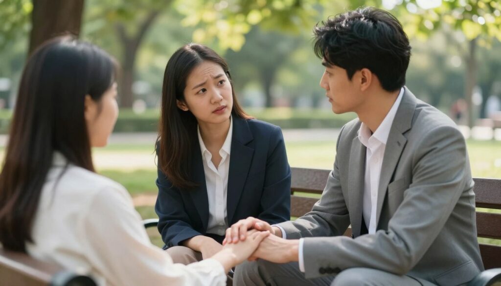 A serene, light-filled setting depicting a couple sitting on a park bench, engaged in a deep conversation. The foreground features their hands gently touching, symbolizing reconnection and support. In the middle ground, a soft focus on their expressive faces shows vulnerability and determination, dressed in professional business attire, illustrating the importance of trust rebuilding. The background includes lush greenery, with dappled sunlight filtering through leaves, creating a warm, hopeful ambiance. The scene is captured from a slightly elevated angle, emphasizing both the intimacy of their moment and the natural beauty of the environment. The overall mood is one of healing, patience, and the journey toward restoring trust in a relationship.