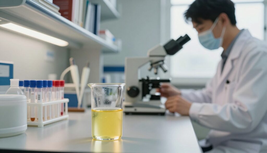 A serene medical laboratory setting focusing on a urine sample analysis. In the foreground, a clear glass vial filled with bright yellow urine sits on a polished countertop. Next to it, a medical professional in a white lab coat, with a focused expression, prepares a microscope. In the middle ground, various lab equipment, such as test tubes and pipettes, organized neatly. The background features shelves with medical books and pamphlets about health and stress management, softly illuminated by warm, natural light coming through a window. The overall atmosphere is calm and professional, conveying a sense of precision and care in the process of urine testing, reflecting an emphasis on accuracy and stress-free preparation for tests.