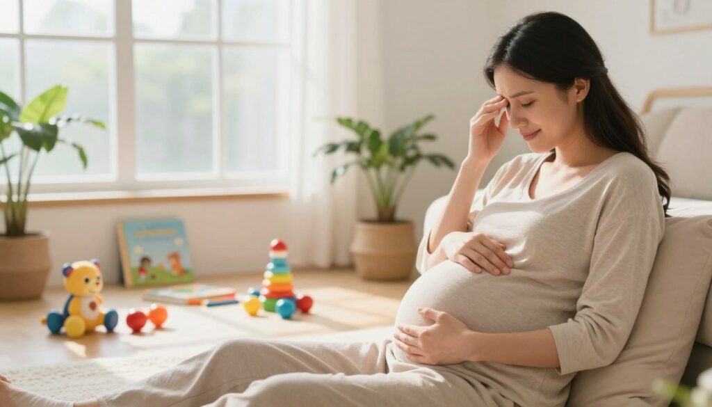 A serene, nurturing environment illustrating the concept of child development influenced by stress during pregnancy. In the foreground, a calm expectant mother in modest clothing sits peacefully, cradling her baby bump with a gentle smile. In the middle ground, vibrant toys and baby books are scattered, symbolizing a joyful ambiance of childhood growth. Soft, diffused natural light filters through a large window in the background, casting gentle shadows and creating an inviting atmosphere. A few potted plants add a touch of serenity to the scene. The entire composition should evoke feelings of hope and tranquility, highlighting the emotional and physical well-being of both the mother and child. The image should be warm and peaceful, reflecting the importance of a nurturing environment for healthy development.