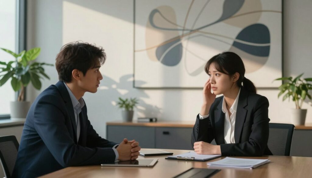 A serene office environment captures the essence of trust and emotional dynamics. In the foreground, a professional couple in business attire, seated at a sleek conference table, maintain eye contact, illustrating a complex interplay of emotions. Their expressions reveal a blend of vulnerability and resolve, embodying the challenge of rebuilding trust. In the middle ground, soft lighting from a large window casts gentle shadows, creating an intimate atmosphere. Subtle potted plants flank the table, symbolizing growth and healing. The background features abstract art depicting interconnected lines and flowing shapes, suggesting the intricate nature of relationships. The overall mood is contemplative yet hopeful, inviting the viewer to reflect on the complexities of trust and power dynamics in relationships. A serene office environment captures the essence of trust and emotional dynamics. In the foreground, a professional couple in business attire, seated at a sleek conference table, maintain eye contact, illustrating a complex interplay of emotions. Their expressions reveal a blend of vulnerability and resolve, embodying the challenge of rebuilding trust. In the middle ground, soft lighting from a large window casts gentle shadows, creating an intimate atmosphere. Subtle potted plants flank the table, symbolizing growth and healing. The background features abstract art depicting interconnected lines and flowing shapes, suggesting the intricate nature of relationships. The overall mood is contemplative yet hopeful, inviting the viewer to reflect on the complexities of trust and power dynamics in relationships.