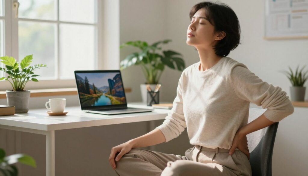 A serene office environment, featuring a person in smart casual attire sitting at a desk, practicing stress-relief techniques. The foreground captures the individual deeply engaged in a mindfulness exercise, with eyes closed and hands resting on their knees. In the middle ground, a laptop displays calming images of nature, surrounded by plants that enhance a soothing atmosphere. The background shows a well-organized workspace with soft natural light streaming through a window, casting gentle shadows. This image should evoke a sense of peace and focus, highlighting the importance of managing stress to prevent back pain. The mood is tranquil and productive, with an inviting, warm color palette that promotes relaxation.