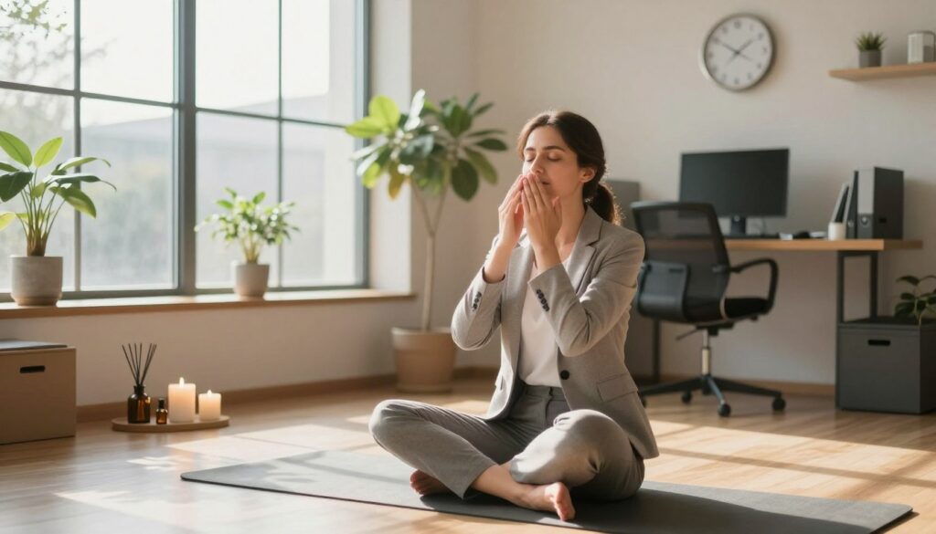 A serene office environment illustrating effective stress management techniques in a challenging moment. In the foreground, a calm professional woman in modest business attire is practicing deep breathing, sitting cross-legged on a yoga mat. The middle ground features a calming natural scene with large windows letting in soft, warm sunlight, showcasing a small indoor plant and soothing decor items like candles and essential oil diffusers. In the background, a clock indicates time, symbolizing the importance of mindfulness. The atmosphere is tranquil, emphasizing relaxation and focus, with gentle shadows and light, all framed from a slightly elevated angle to capture the entire scene. A serene office environment illustrating effective stress management techniques in a challenging moment. In the foreground, a calm professional woman in modest business attire is practicing deep breathing, sitting cross-legged on a yoga mat. The middle ground features a calming natural scene with large windows letting in soft, warm sunlight, showcasing a small indoor plant and soothing decor items like candles and essential oil diffusers. In the background, a clock indicates time, symbolizing the importance of mindfulness. The atmosphere is tranquil, emphasizing relaxation and focus, with gentle shadows and light, all framed from a slightly elevated angle to capture the entire scene.