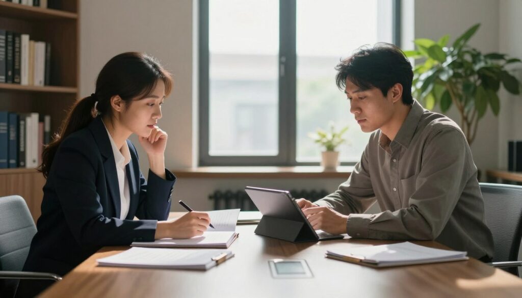 A serene office environment with two people preparing for a conversation. In the foreground, a woman in professional attire and a man in business casual, both seated at a sleek conference table, looking over notes and a digital tablet with focused expressions. In the middle, a window allows soft, natural light to illuminate the scene, casting gentle shadows that enhance the mood of calm anticipation. In the background, shelves lined with books and a large plant create a tranquil, professional atmosphere. The overall ambiance is one of preparation and understanding, with an emphasis on open communication and conflict resolution. The composition is framed with a slight low-angle shot to emphasize the subjects’ importance and thoughts as they ready themselves for this crucial dialogue. A serene office environment with two people preparing for a conversation. In the foreground, a woman in professional attire and a man in business casual, both seated at a sleek conference table, looking over notes and a digital tablet with focused expressions. In the middle, a window allows soft, natural light to illuminate the scene, casting gentle shadows that enhance the mood of calm anticipation. In the background, shelves lined with books and a large plant create a tranquil, professional atmosphere. The overall ambiance is one of preparation and understanding, with an emphasis on open communication and conflict resolution. The composition is framed with a slight low-angle shot to emphasize the subjects’ importance and thoughts as they ready themselves for this crucial dialogue.