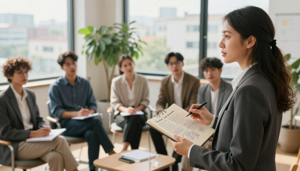 A serene office setting bathed in warm natural light, showcasing a diverse group of professionals engaged in a supportive discussion. In the foreground, a confident woman in a smart business suit is calmly presenting her thoughts, holding a notebook filled with notes and diagrams illustrating strategies for emotional resilience. In the middle ground, attentive colleagues are listening, some taking notes while others nod in agreement, displaying a sense of solidarity. The background features potted plants and large windows with a view of a peaceful cityscape, creating an atmosphere of empowerment and clarity. The overall mood is positive and collaborative, emphasizing the importance of fact-based communication and personal strength in the face of emotional manipulation. A serene office setting bathed in warm natural light, showcasing a diverse group of professionals engaged in a supportive discussion. In the foreground, a confident woman in a smart business suit is calmly presenting her thoughts, holding a notebook filled with notes and diagrams illustrating strategies for emotional resilience. In the middle ground, attentive colleagues are listening, some taking notes while others nod in agreement, displaying a sense of solidarity. The background features potted plants and large windows with a view of a peaceful cityscape, creating an atmosphere of empowerment and clarity. The overall mood is positive and collaborative, emphasizing the importance of fact-based communication and personal strength in the face of emotional manipulation.