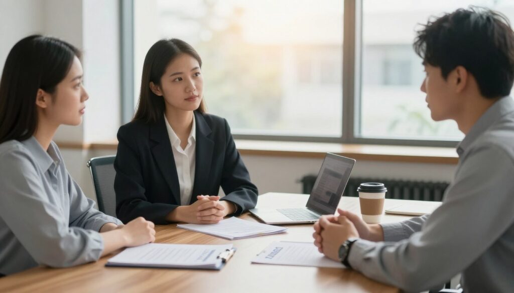 A serene office setting, symbolizing the rebuilding of trust after betrayal. In the foreground, two individuals sit across from each other at a polished wooden table, both dressed in professional business attire, showing expressions of attentiveness and openness. The middle ground features documents related to trust and reconciliation laid out on the table, including notes and a coffee cup, indicating a serious yet hopeful conversation. In the background, soft natural light filters through large windows, casting a warm glow over the scene, enhancing the atmosphere of vulnerability and healing. The overall mood is calm and inviting, illustrating the delicate yet necessary dialogue essential for restoring trust in a relationship.