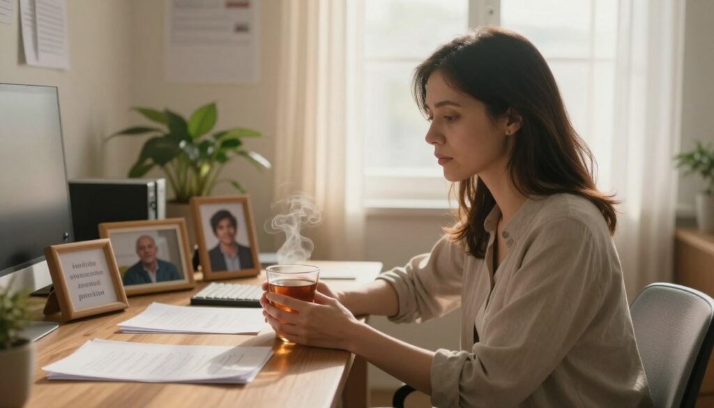 A serene office space reflecting a journey of healing after betrayal. In the foreground, a woman in modest casual attire sits at a wooden desk, her expression contemplative yet calm, holding a steaming cup of tea. In the middle ground, framed photographs of loved ones and inspirational quotes are scattered among papers and a plant, symbolizing personal growth. The background shows a softly lit window with gentle sunlight filtering through sheer curtains, casting warm, golden glows on the scene. The atmosphere conveys a blend of introspection and hope, representing the emotional stages of grief and recovery. Use a shallow depth of field to focus on the woman while softly blurring the background, enhancing the feeling of solitude and reflection.
