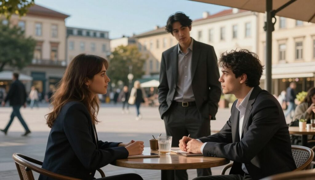 A serene outdoor setting depicting a cozy café scene in a bustling city square. In the foreground, a man and a woman, both dressed in professional business attire, sit at a small table, engaged in conversation, their expressions subtly hinting at hidden motives. In the middle, a third figure stands nearby, glancing at them with curiosity, creating an air of intrigue. The background features soft, blurred outlines of passing pedestrians and tall buildings under a clear blue sky, adding depth and context. The lighting is warm and inviting, casting gentle shadows, enhancing the mood of secrecy and tension. The angle captures this intimate moment from a slightly elevated perspective, promoting a sense of observation without being intrusive.