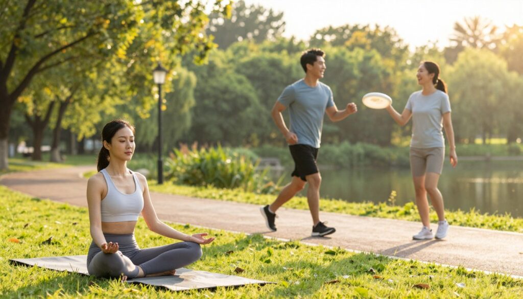A serene park scene depicting various individuals engaging in different forms of physical activity that promote stress relief and balance. In the foreground, a woman in modest athletic wear practices yoga on a mat, showing focus and tranquility. In the middle ground, a man is jogging along a path, exuding energy and determination, while a couple plays frisbee, laughing and enjoying the moment. The background features lush greenery, soft sunlight filtering through the trees, and a calming lake that adds to the peacefulness. The scene is bathed in warm, golden hour lighting, creating a joyful and uplifting atmosphere, evoking a sense of harmony and well-being.