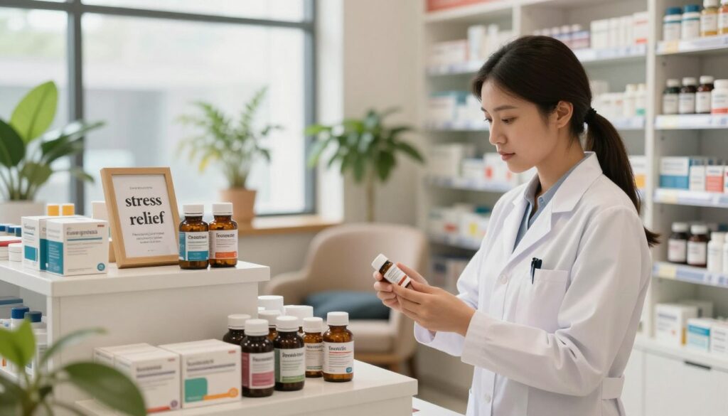 A serene pharmacy interior emphasizing stress relief. In the foreground, a focused pharmacist in professional attire, examining a selection of herbal supplements and calming medications on a well-organized shelf. The middle ground features neatly arranged over-the-counter medications, including bottles labeled "stress relief," framed by soft green plants, promoting tranquility. A warm, inviting light filters through large windows, creating a soothing atmosphere. The background showcases labeled shelves filled with various health products. A cozy reading nook with a comfortable chair invites customers to relax and learn about stress management options. The overall mood conveys hope, professionalism, and wellness, ideal for illustrating the theme of medication for stress and nerves.