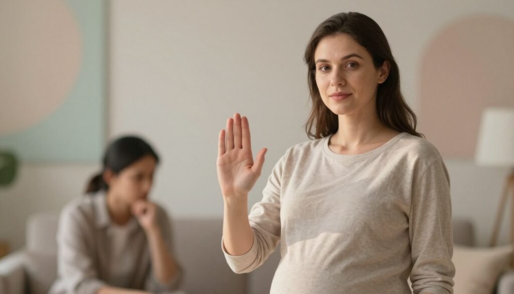 A serene, pregnant woman standing confidently, embracing her personal space, with a gentle but firm expression. She is wearing comfortable, modest casual clothing, embodying strength and self-awareness. In the foreground, her hand is raised slightly, as if setting a boundary, while a soft, warm light illuminates her figure, symbolizing positivity and empowerment. The middle ground features blurred outlines of a partner in a concerned posture, representing the challenges in communication, while ensuring the focus remains on the woman. The background is an abstract representation of a peaceful environment, with soft pastel colors that convey a soothing atmosphere. The composition has a soft focus, mimicking a supportive, nurturing atmosphere.