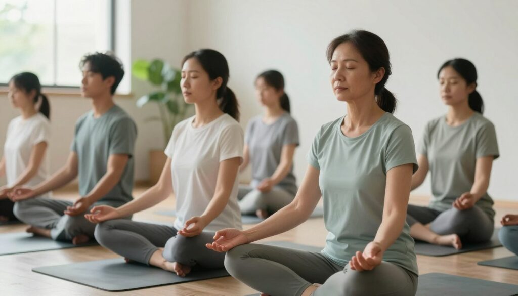 A serene scene depicting a diverse group of individuals practicing deep breathing techniques in a tranquil environment. In the foreground, a middle-aged woman with a calm expression sits cross-legged on a yoga mat, gently placing her hands on her knees, showcasing her professional, yet relaxed attire. Beside her, a young man with a peaceful demeanor sits similarly, both engaged in a shared moment of mindfulness. The middle layer features soft plants and diffused light filtering through a nearby window, casting a warm glow. In the background, a minimalist space with muted colors, such as soft greens and whites, enhances the calming atmosphere. The overall mood of the image is tranquil and focused, inviting viewers to embrace the concept of stress relief through controlled breathing. A serene scene depicting a diverse group of individuals practicing deep breathing techniques in a tranquil environment. In the foreground, a middle-aged woman with a calm expression sits cross-legged on a yoga mat, gently placing her hands on her knees, showcasing her professional, yet relaxed attire. Beside her, a young man with a peaceful demeanor sits similarly, both engaged in a shared moment of mindfulness. The middle layer features soft plants and diffused light filtering through a nearby window, casting a warm glow. In the background, a minimalist space with muted colors, such as soft greens and whites, enhances the calming atmosphere. The overall mood of the image is tranquil and focused, inviting viewers to embrace the concept of stress relief through controlled breathing.
