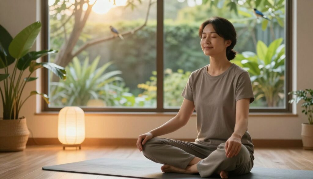 A serene scene depicting a person practicing deep breathing in a peaceful indoor environment. In the foreground, a person in modest casual clothing sits cross-legged on a yoga mat, eyes closed, with a gentle smile reflecting tranquility. The middle ground features soft green plants and a softly glowing lamp, casting warm light that enhances the calm atmosphere. In the background, a large window reveals a tranquil view of a lush garden bathed in sunlight, with birds softly perched on branches. The lighting is warm and inviting, creating a sense of peace and relaxation, as if the viewer can feel the tranquility emanating from the image. The overall mood conveys a sense of relaxation and mindfulness, emphasizing the importance of breath in reducing stress.