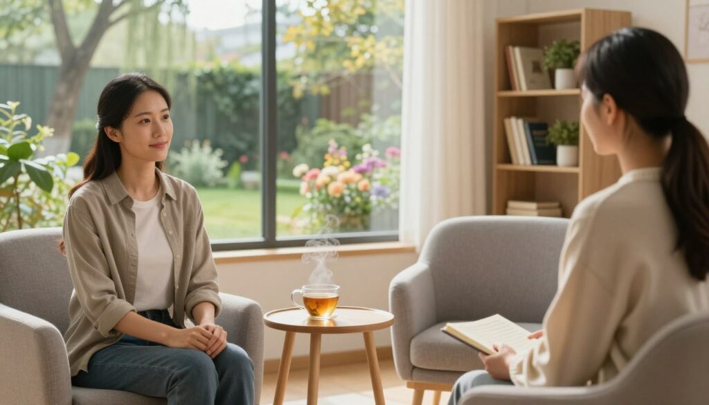 A serene therapy room bathed in soft, warm light, showcasing two comfortable chairs facing each other with a small table between them, holding a steaming cup of herbal tea and a journal. In the background, a large window reveals a tranquil garden filled with blooming flowers and gentle trees swaying in a light breeze. A bookshelf lined with self-help books and plants adds a calming touch. The atmosphere is peaceful and supportive, evoking feelings of healing and vulnerability. The image should depict a professional therapist in modest casual clothing, engaging with a patient, both expressing understanding and empathy. The focus is on their facial expressions, light reflections, and the overall comforting environment, captured with a soft focus lens to enhance the mood.